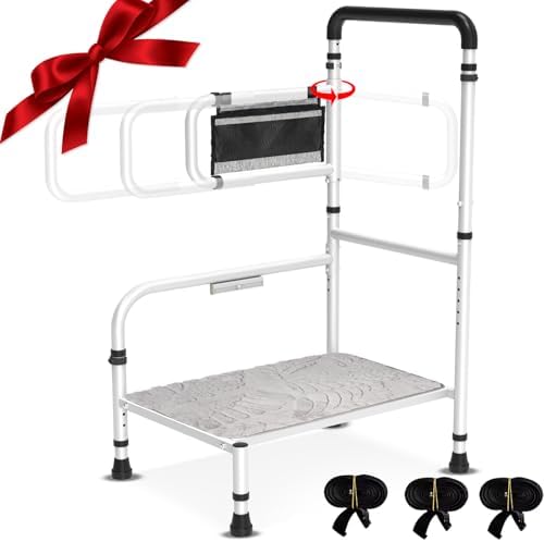 Bed Step Stool for Elderly/High Bed, 360 ° Anti Fall Armrestï¼Support 800 lbs, 8-Level Adjustable Height, Storage Bag, Memory Sponge Carpet, USB Light, 3 4m Fixed Strap, for Bed Height Below 40â³