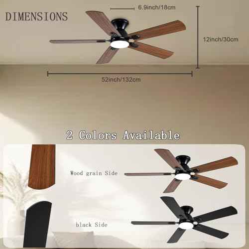 Ceiling Fans with Lights, 52 Inch Low Profile Ceiling Fan with Light and Remote, Flush Mount Ceiling Fan, 3CCT, Dimmable, Noiseless, Ceiling Light Fan for Bedroom, Indoor/Outdoor Use,Brown