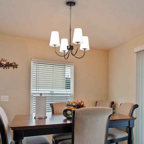 Modern Black Chandeliers for Dining Room, with White Linen Fabric Shade, Adjustable Height Rustic Small Farmhouse Lighting Fixture for Foryer, Entryway, Kitchen, Bedroom (4-Lights)