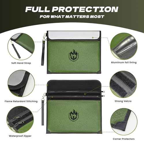 2 Pockets Fireproof Document Bag 6200¡ÆF, 10 Layers Waterproof Fireproof Money Bag for Cash with Reflective Strip, Heat Insulated Waterproof Document Holder Pouch, Fire Safe Storage (Green)