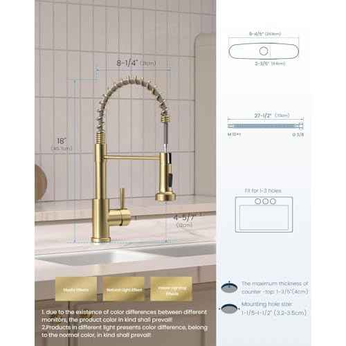 APPASO Gold Kitchen Faucet with Pull Down Sprayer, Brushed Gold Kitchen Sink Faucets 18 Inches Commercial Single Handle High Arc Faucet for Sink, Stainless Steel Kitchen Faucet for Sink 1 or 3 Holes