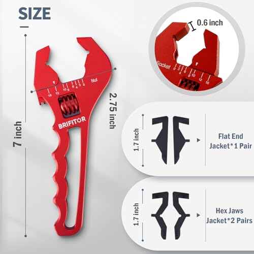 Non Marring AN Fittings Wrench Adjustable Aluminum AN Wrench For 3AN-16AN Hose End Fittings With Replaceable Hex Type & Flat Type Jaw Protectors, Red.