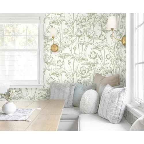 Vinjiasin Peel and Stick Wallpaper Green Floral Contact Paper Boho Modern Lotus Wall Paper for Bedroom Bathroom Living Room Self Adhesive Removable Flower Leaf 17.3"x 78.7"