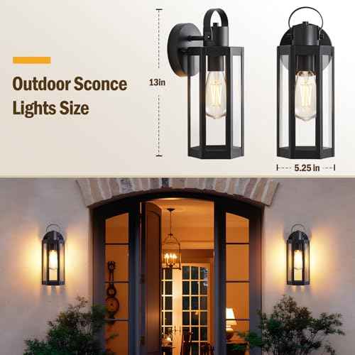 2 Pack Exterior Lighting Fixtures, Outdoor Wall Light with Clear Glass, Black Outside Front Porch Waterproof Sconce Lights Matte Wall Mount Lamp Modern Lanterns for House Patio Door Garage