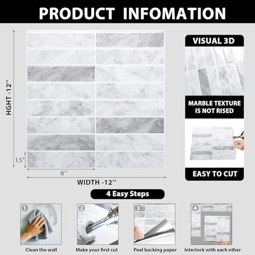 ReWallpaper Marble Peel and Stick Backsplash Waterproof Kitchen Tiles for Wall 12"x12" Removable Grey White Rectangular Subway Tile Self Adhesive Stick on Backsplash for Kitchen Laundry Rooms 3-Sheet