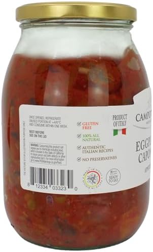 Sicilian Eggplant Caponata, Appetizer, Big Jar 34.5 oz, Sicilian recipe for Antipasto, side dish or pasta with Eggplant, Tomato, Onion, Celery, Olives and Capers. 100% Made in Italy, Campo D'Oro