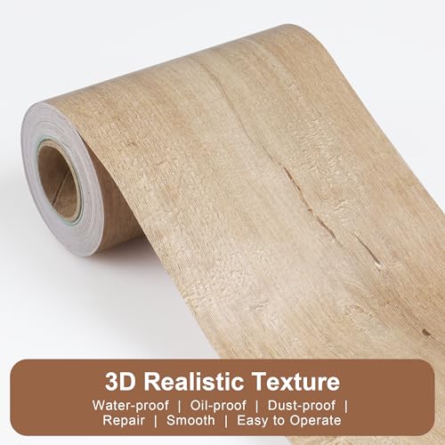 JUNART Wood Grain Repair Tape(10cm¡¿1000cm), Self-Adhesive Waterproof Realistic Textured Repair Duct Tape for Tables, Baseboards, Doors, Windows, and Floors with Plastic Scraper(Yellow Teak)