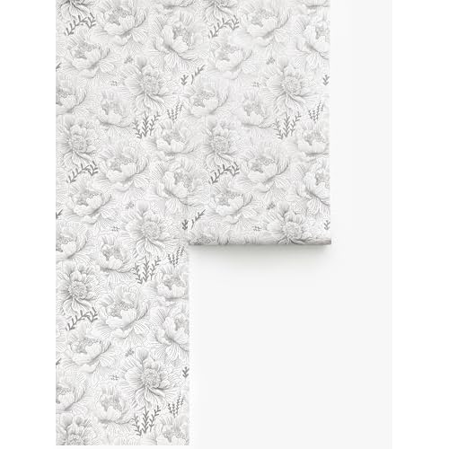 GloryTik Floral Peel and Stick Wallpaper Boho Grey and White Contact Paper Modern Self Adhesive Removable Wall Paper for Bedroom Bathroom Cabinets Renter Friendly Wallpaper Vinyl Roll 17.3" X 197"