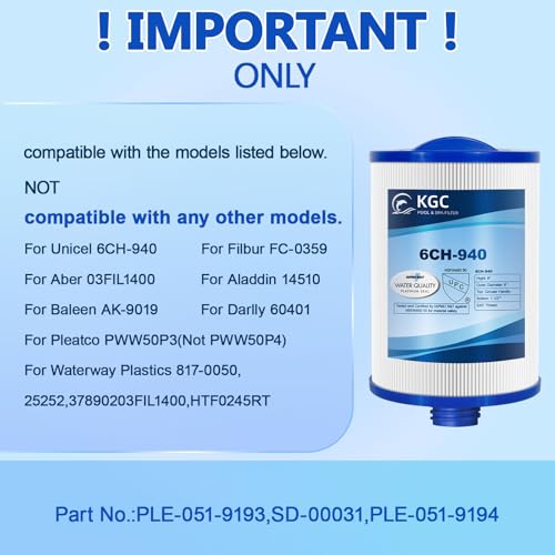 KGC 6CH-940 Spa Filter 2 Pack - Compatible with Pleatco PWW50P3 (1 1/2" SAE Coarse Thread), Unicel 6CH-940, Filbur FC-0359, Waterway 817-0050, 03FIL1400, 25252-for Viking Spa Front Access Skimmer.