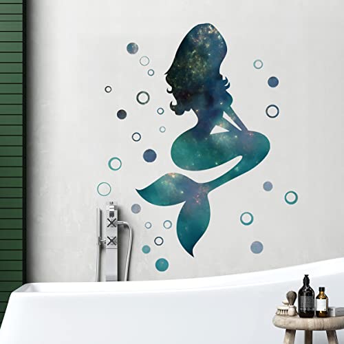 Starry Sky Mermaid Wall Decals and Stickers - Peel and Stick DIY Removable Green Bubbles Vinyl Wall Art Decor for Kids Baby Bedroom Nursery Bathroom Door DT-1912