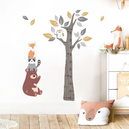 Yovkky Kids Height Chart Wall Decals Stickers, Woodland Animals Tree Toddler Baby Growth Measurement Nursery Decor, Forest Bear Raccoon Fox Owl Leaves Home Decorations Bedroom Playroom Art