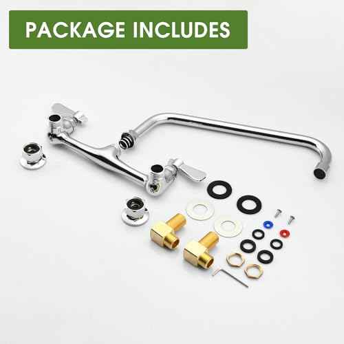 Kitchen Sink Faucet Wall Mount - 8 Inch Center Wall Mount Commercial Kitchen Sink Faucet with 12" Swivel Spout - Dual Lever Handles - Brass Constructed & Chrome Polished