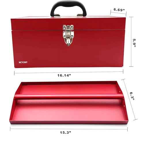 16" Portable Steel Heavy-duty Large Tool Box 18-Gauge Fishing Tackle Box Tool Box Drawer Organizer With Metal Latch and Handle Red