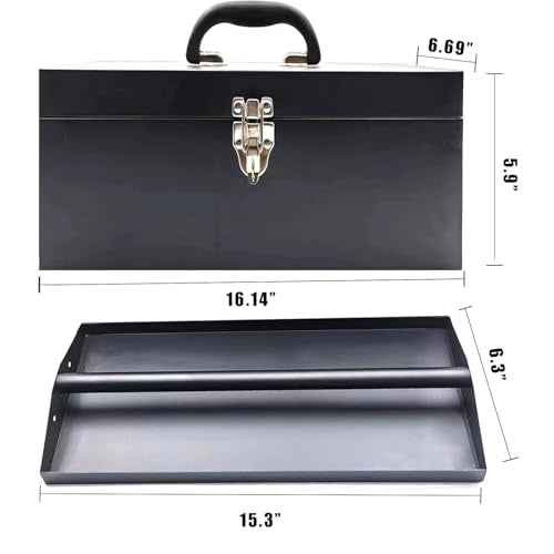 Small Tool Box Mini Toolbox Small Metal Tool Box 16" Portable Metal Toolbox with Latch Closure for Basic Tool Kits or Craft Storage Black