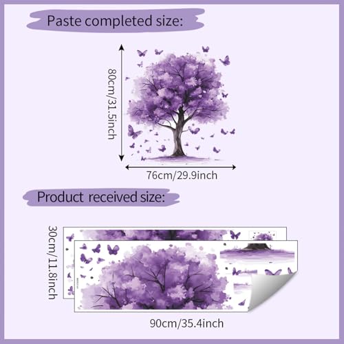 Purple Tree Wall Decals Removable Purple Butterfly Wall Stickers Peel and Stick Vinyl Plant Wall Decor Waterproof for Bedroom Living Room Bathroom Decorations