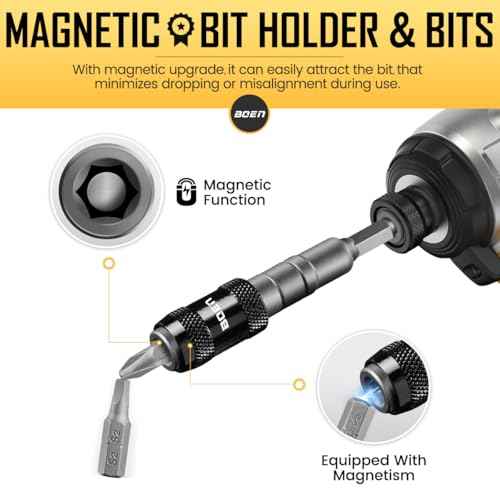 boen 14PCS Pivoting Magnetic Bit Holder with Screwdriver Bits, Swivel Drill Bit Extension, 1/4-Inch SAE Hex Shank, for Impact Driver, Narrow Corners Use