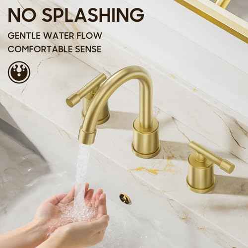 Phiestina Brushed Gold Widespread 8 Inch Bathroom Faucet£¬3 Holes 2 Handles Modern Bathroom Sink Faucet with Metal Pop-Up Drain & Water Supply Line,WFZY01-BG
