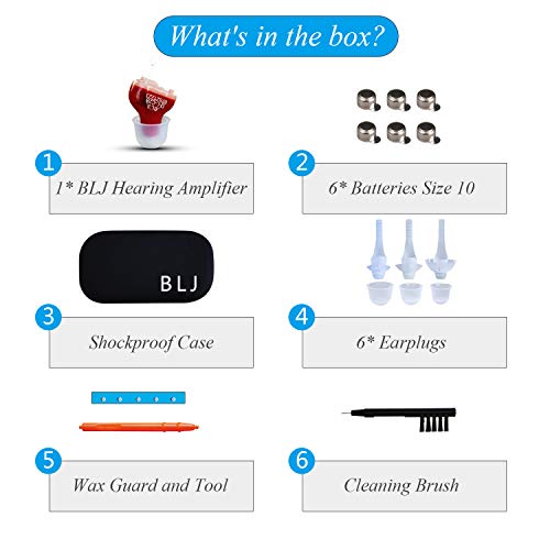 BLJ Hearing Aid for Seniors and Adults with Noise Reduction and Feedback Cancellation ITC Hearing Amplifier, 7 Batteries and 9 Ear Domes (Right Ear)