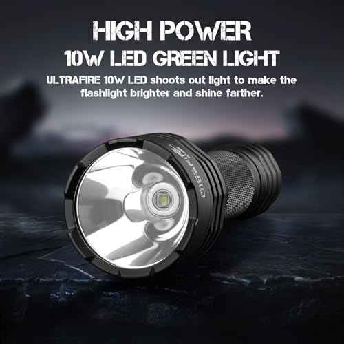 ULTRAFIRE 10W Green Hunting Flashlight, 273-Yard Super Bright LED Tactical Light for Night Hunting Essentials, Hogs, Coyotes, and Varmints - Single Mode Green Light Flashlight WF-509G