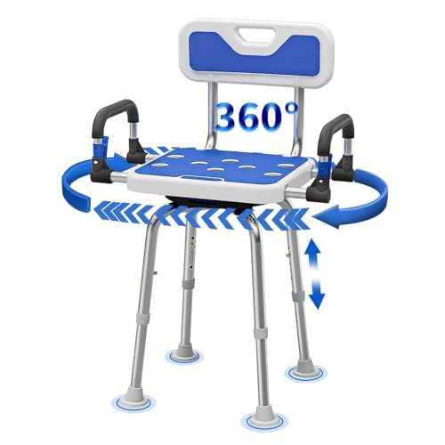 Adjustable Stool Swive Shower Chair for Seniors Elderly Disabled or Bariatric Adults with Arms and Back Bench Seat for Inside Shower Stall and Bathroom Bath Tub Seats Heavy Duty 500 lbs