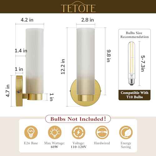 TETOTE Brushed Gold Wall Sconces Set of Two Modern Bathroom Wall Light Fixtures Farmhouse Wall Lights with Frosted Glass Shade for Mirror Bedroom Living Room
