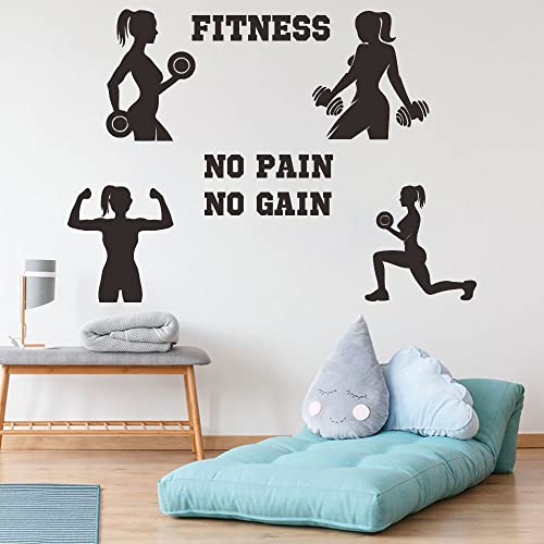 Women Fitness Wall Decal - ¡°No Pain No Gain¡± Motivational Quote with Girl Lifting Weights - PVC Removable Vinyl Sticker for Gym, Home Workout Room, Bedroom Decor - 34x24 Inch JWH177 (Black)
