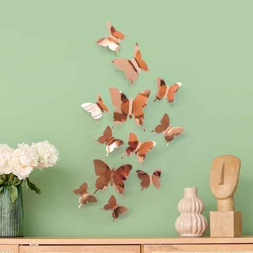 Butterfly Wall Decal Room Decor, Rose Gold Butterfly Wall Decor 24 pcs, Party Decor, Wedding Decoration, Aesthetic Butterflies Stickers for Bedroom
