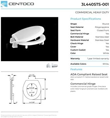 Centoco 3 inch Raised Toilet Seat for Seniors, Round, Closed Front With Cover, Plastic, Made in the USA, 3L440STS-001, White