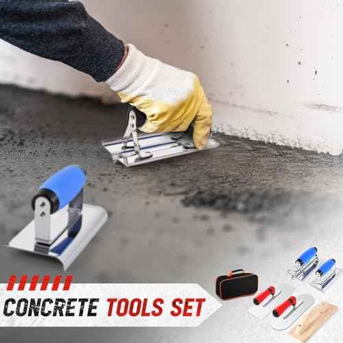 6pcs Concrete Hand Tools Set Masonry Tools Includes Stainless Steel Concrete Hand Edger, Groover, Wood Float, Finishing Trowel, Pool Trowel and Tool Bag for Cement Beginner Kit