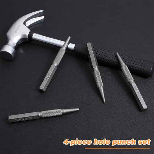 4PCS Nail Punch and Center Punch Set Nail Driver Tool Hardened Cr-V Steel Knurled Grip Punches Set 1/32", 1/16", 3/32" Nails Setter & 1/8" Center Punches Tool for Metal, Wood, Plastic