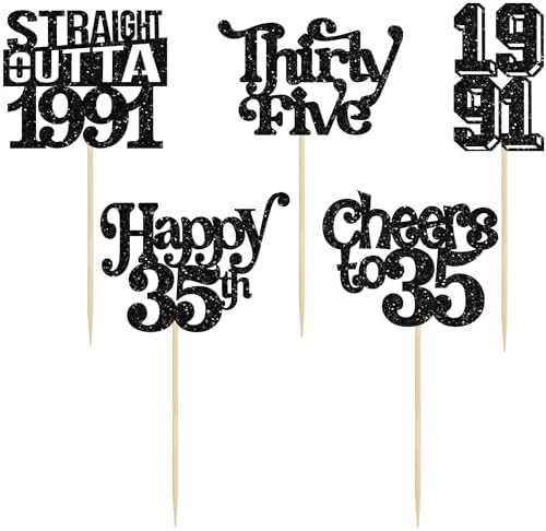Gyufise 30Pcs Happy 35th Birthday Cupcake Toppers Glitter Thirty Five Straight Outta 1991 Cupcake Picks Cheers to 35 Fabulous Cake Decorations for Happy 35th Birthday Anniversary Party Supplies Black
