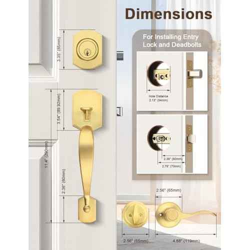 Camelot Brushed Gold Front Door Handle and Deadbolt Set, Front Door Lock Set, Satin Brass Finish, Upgated Entry Door Handle with Accent Wave Door Lever with Reversible Handle Lever, 1 Pack