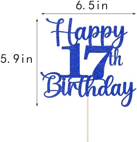 Kaoenla Glitter Happy 17th Birthday Cake Topper,Hello 17,Cheers to 17 Years,17th Anniversary /17 years old birthday Party Deco (17th, blue)