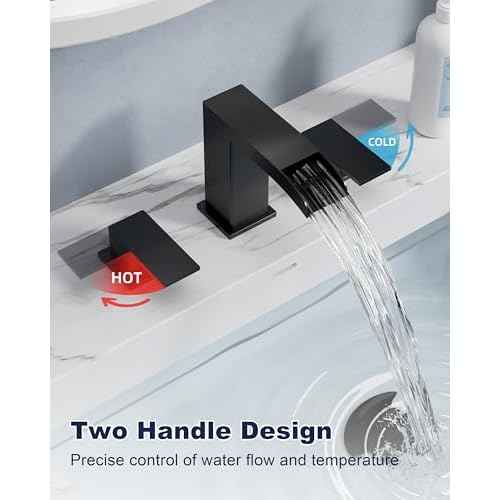 Bathroom Sink Faucet 3 Hole, Matte Black Waterfall Bathroom Faucets, 8 Inch Widespread Bathroom Faucet with Pop-up Drain and Supply Lines, Two Handles Faucets for Vanity, Lavatory, Restroom, RV