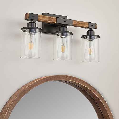 3-Light Bathroom Light Fixtures, Farmhouse Bathroom Vanity Light Rustic Wood Industrial Vintage Black Small Wall Light Sconce Lamp Over Mirror with Clear Glass Shade for Bedroom