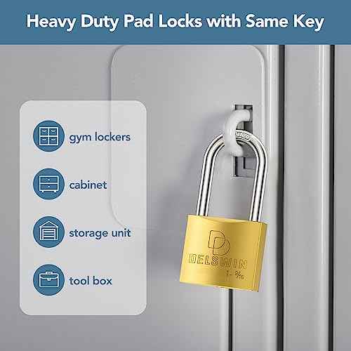 DELSWIN Weatherproof Padlock with Key (Keyed Alike) - Heavy Duty Solid Brass Locker Lock with 1-9/16" Long Shackle, Marine Grade Pad Lock for Outdoor Gate, Fence, Shed (4 Pack)