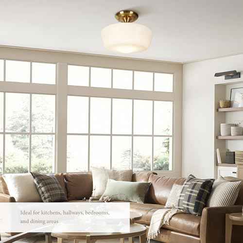 Schoolhouse Style Semi Flush Mount Ceiling Light Fixture, 12" Modern Gold Hallway Ceiling Lamp with Opal Milk Glass Shade Brass, Farmhouse Globe Light for Bedroom Kitchen Hallway Entryway Laundry