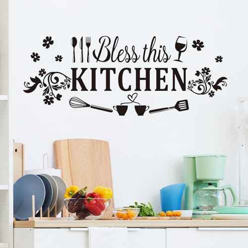 Family Quotes Wall Stickers for Kitchen: Inspirational Home Vinyl Art Wall Decals for Dining Room Living Room Pantry - Bless This Kitchen 23" X 9"