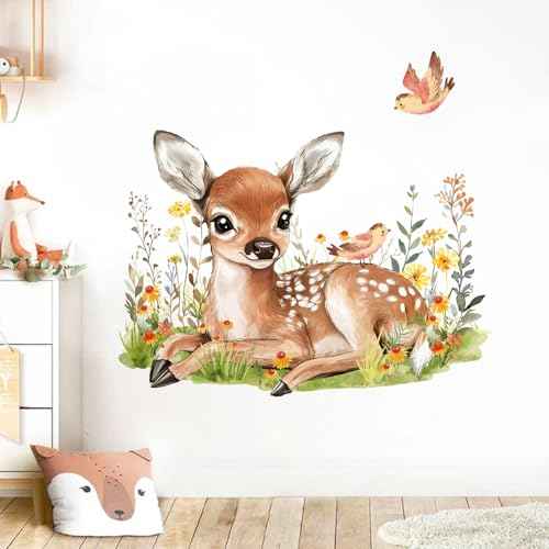 Yovkky Baby Deer Wall Decals Stickers, Woodland Animals Birds Wildflower Neutral Toddlers Nursery Decor, Cute Home Decorations Kids Bedroom Playroom Classroom Art