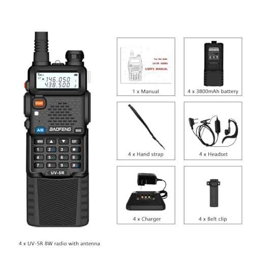 Baofeng UV-5R Dual Band Two Way Radio Handheld Ham Radio Long Range Walkie Talkies Pack of 4 for Hiking Camping Skiing Trip (Black) with 8W 3800mAh Battery