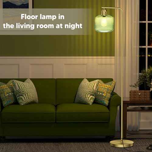 Glass Floor Lamp for Living Room, Modern Standing Lamp with Green Ribbed Glass Lampshade and Pedal Switch, 66¡± Tall Lamp & Gold Floor Lamp for Bedroom Study Room,Brushed Gold(3000K LED Bulb Included)