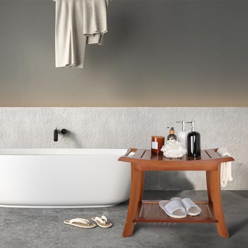 VVW Bamboo Shower Bench & Stool with Storage Shelf, Bath Benches for Inside Shower, Bathroom Stools 2-Tier Spa Seat for Adults Elderly (Walnut)