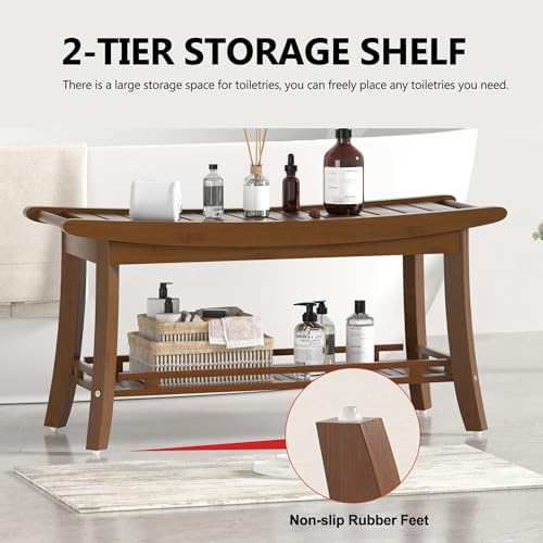 Bamboo Shower Bench Chair Bathroom Shower Stool Seat for Inside Shower Bathtub with Storage Shelf Shower Foot Rest for Shaving Legs 39 x 13 x 19.2 Inches Chestnut Brown