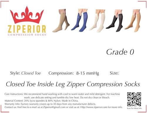 8-15 mmHg Compression Grade 0 Calf Inside Leg Zipper Closed Toe Socks (Black, 2X-Large)