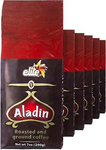 Elite Aladin Turkish Roasted & Ground Coffee, 7oz (6 Pack) | Kosher for Passover, Vacuum Packed, Rich & Aromatic