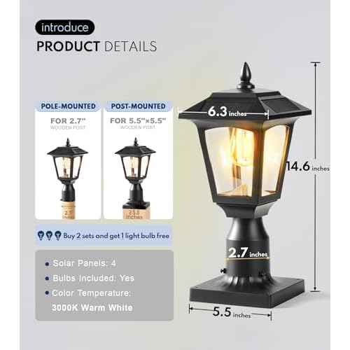 PASAMIC Solar Post Light 2 Pack, 3000K (Warm White) Dusk to Dawn Outdoor Solar Lamp with Aluminum Base, Waterproof Pillar Light for Fence, Garden, Yard, Patio,Outside Decoration? Bonus Bulb Included