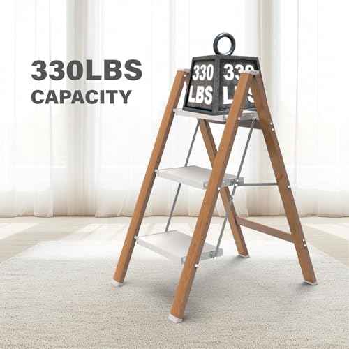 3 Step Ladder, Folding Aluminum Step Stool with Anti-Slip Wide Steps for Adults, Ideal for Kitchen, Closet, Bedroom, 330 lbs Capacity (Woodgrain)
