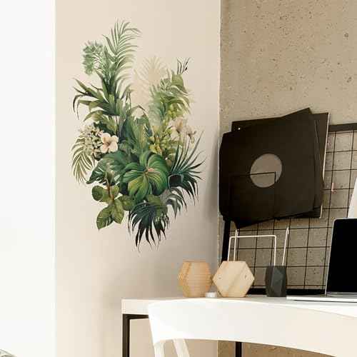 Botanical Wall Decals with Palm Leaves Lush Green Foliage White Flowers Removable Peel and Stick Wall Art 22.4x15.7 inches for Living Room Nursery Home Decor