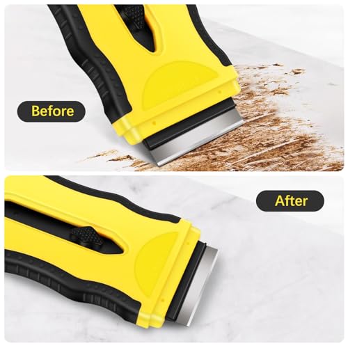 DEKEones Razor Blade Scraper, 1 Pack?2-in-1 Scraper Tool with 5Pcs Plastic Blades and 5 Pcs Metal Blades, Multifunctional Cleaning Razor Scraper for Stickers, Decals, Cooktop, Oven£¨Yellow£©