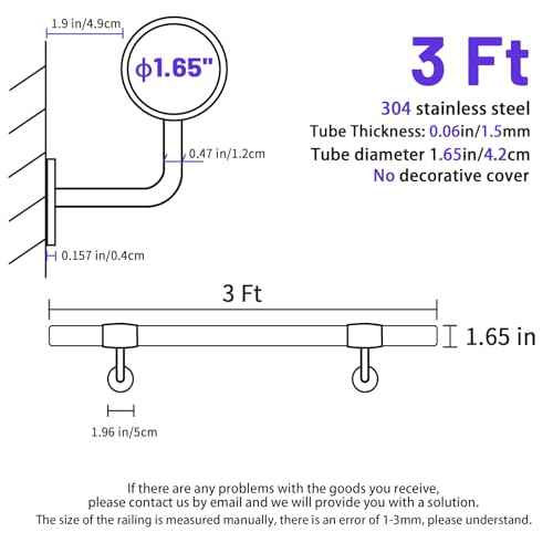 3 Ft Industrial Metal Stairs Handrail Kit, Sturdy Wall Mount 304 Stainless Steel Hand Rail, Indoor Outdoor Stair Railing Wood Concrete Brick Wall,1.65 in Round Pipe Grab Bar, Silver